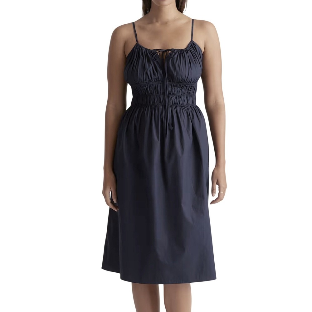 NWT Quince Black 100% Cotton Keyhole Midi Dress Smocked‎ Waist Size Medium